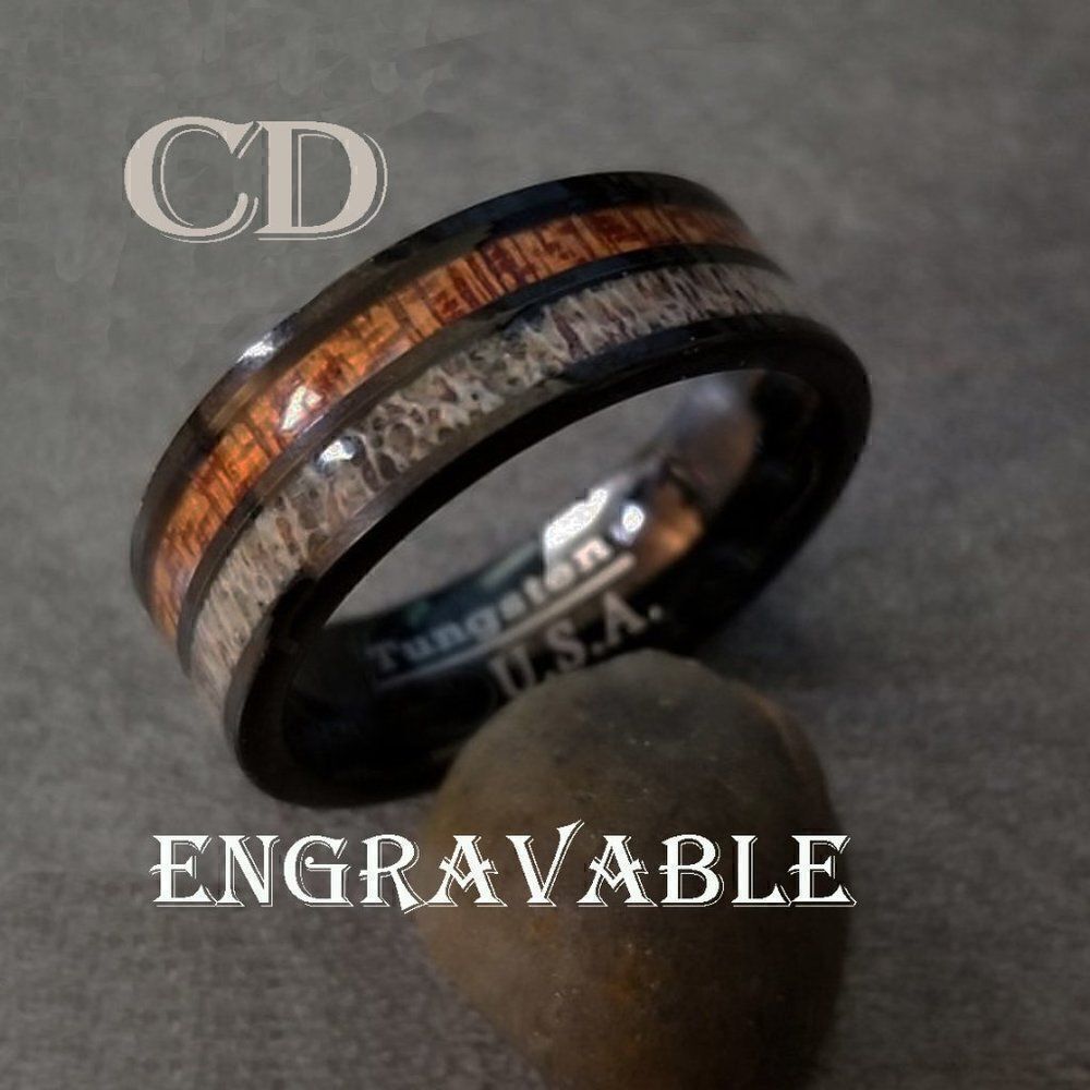 Personalized
Men's Real Black Tungsten Wedding Ring - Deer bone and Koa Wood